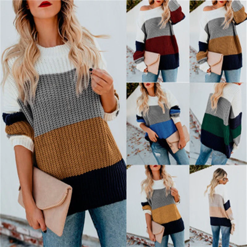 Striped Pullover Loose Rainbow Knit Sweater Women