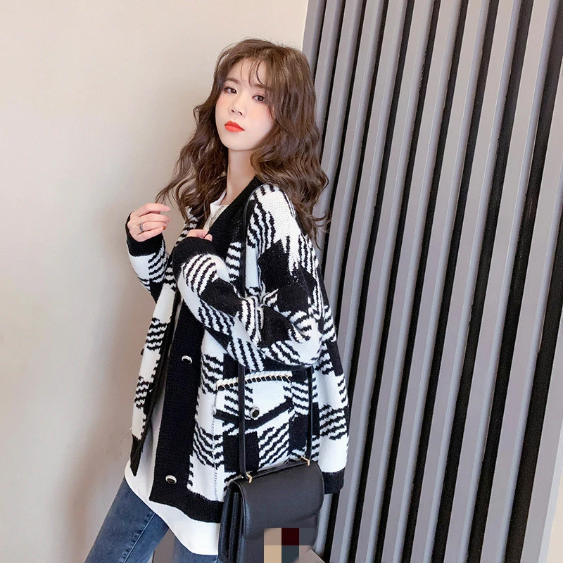 Korean Color-blocking Striped Single-breasted Knitted Cardigan Jacket