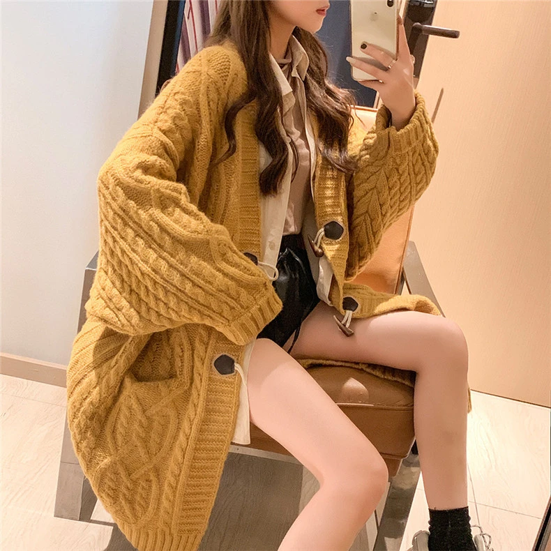 Mid-length Knitted Horn Button Thick Cardigan Sweater Coat