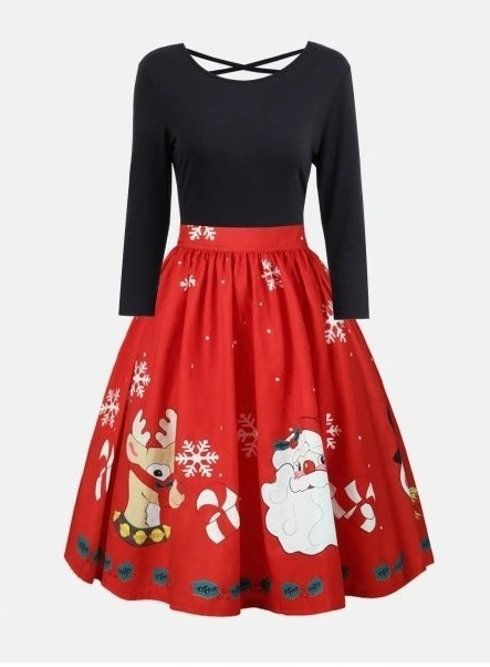 Christmas Print Sexy Backless Stitching Plus Size Dress