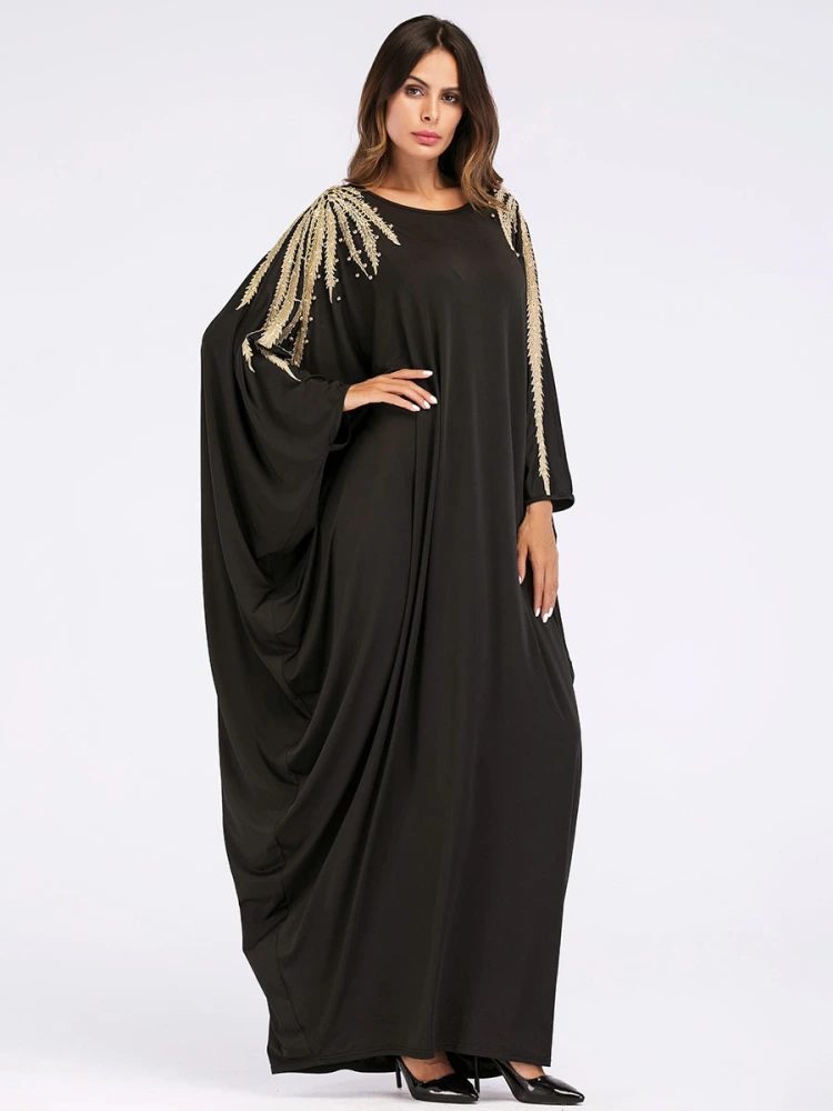 Muslim Hui Dubai Beaded Bat Sleeve Robe Plus Size Ladies Dress