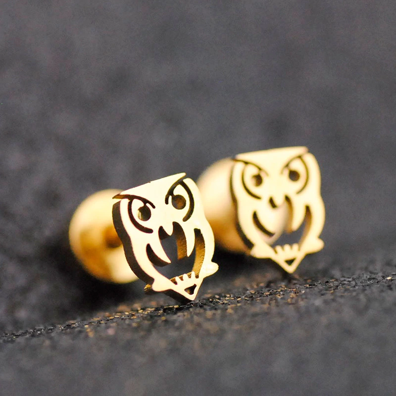 Bear Rose Owl Star Electrocardiogram Gold Plated Stainless Steel Bolt Stud Earrings