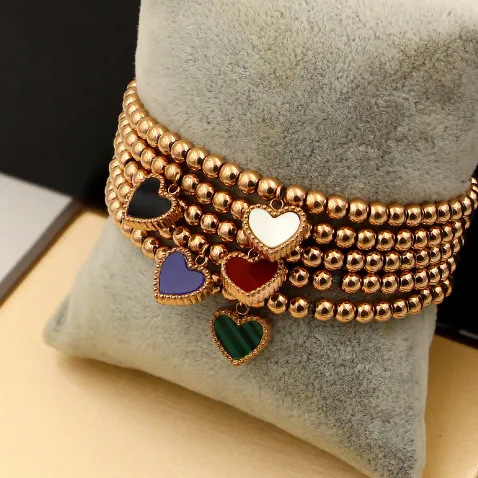 Lace Double-sided Peach Heart Beads Elastic Rope Titanium Steel 14K Color Gold Bracelet