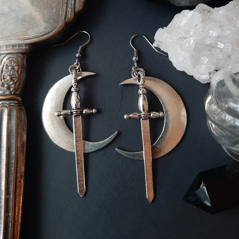 Moon Ancient Sword Shape Alloy Plating Earrings