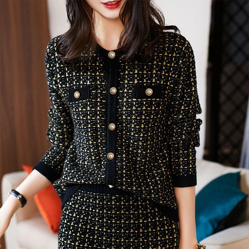 Women's Gold Thread Check Wool Knit Suit