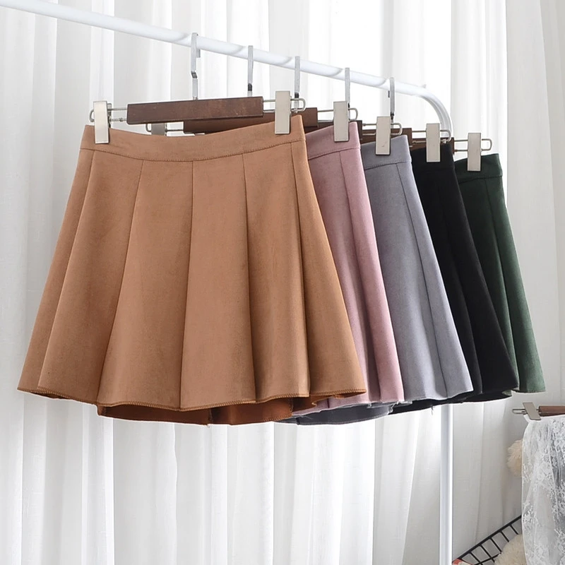 Women's High Waist Pleated Deerskin Velvet A-line Skirt