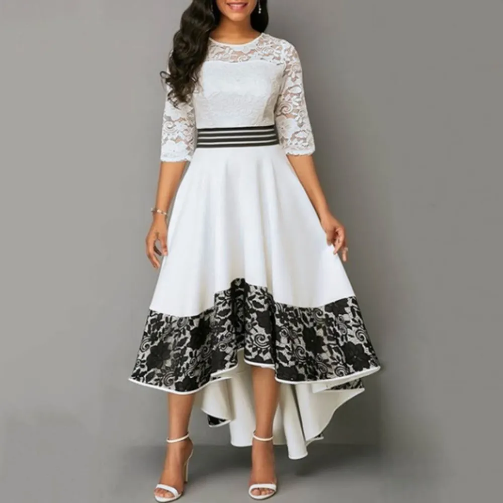 Women's White Mid Sleeve Nipped Waist Irregular Hem Lace Dress