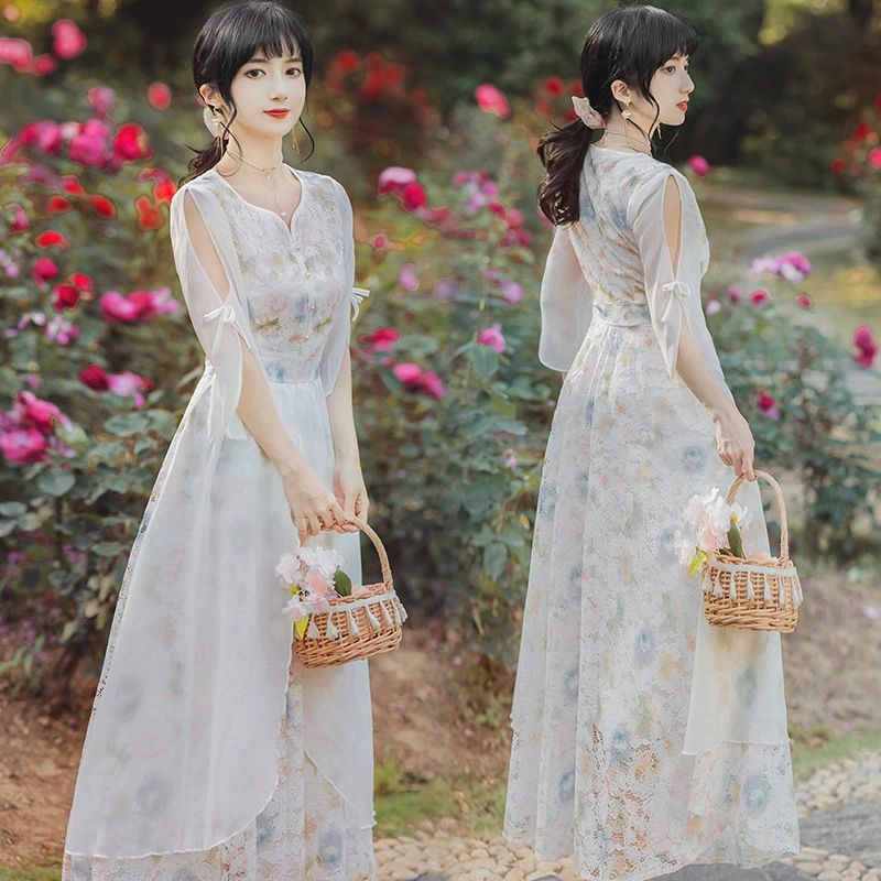 Vintage Lace Floral Dress Design Long Skirt
