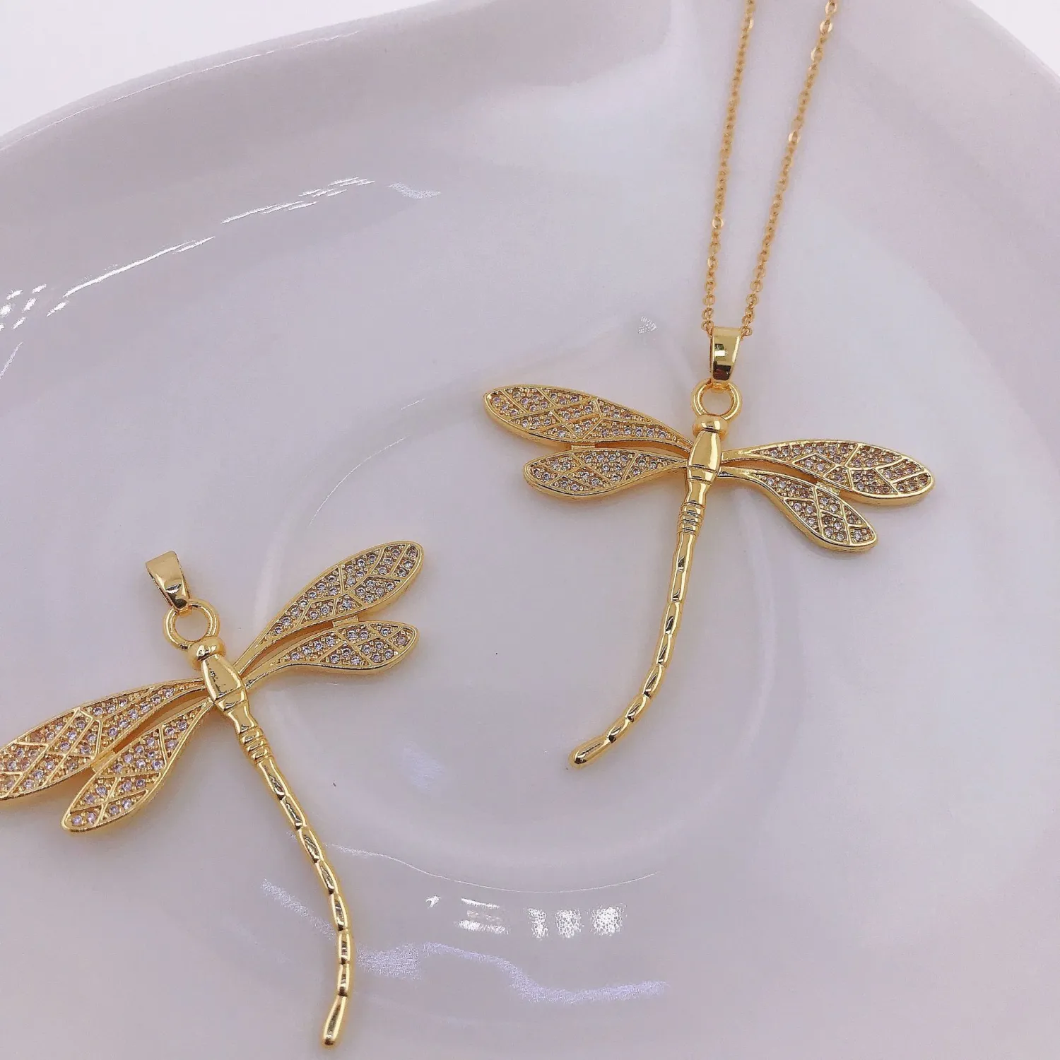 Openwork Colorful Heart Dragonfly Moon Pendant Necklace