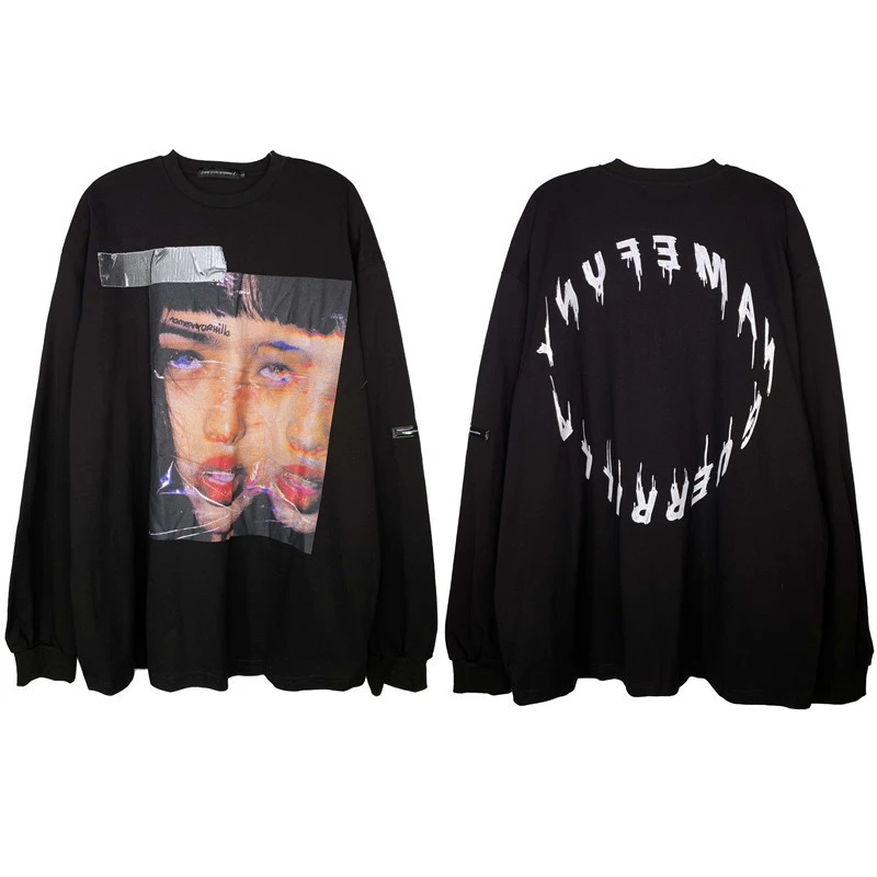 Mourning Character Head Print Long-sleeved T-shirt Men