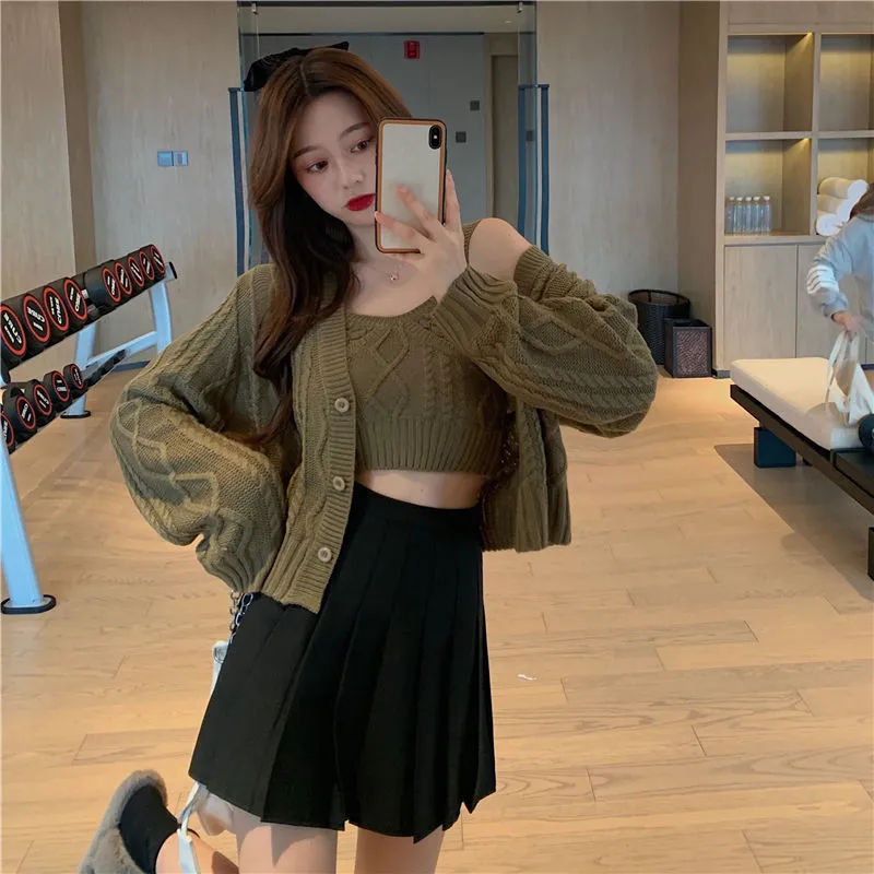V-neck Knitted Cardigan Jacket Suit Women's Outer Wear Camisole Top