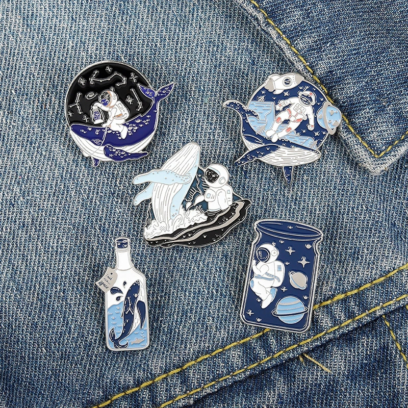 Cartoon Whale Astronaut Drift Bottle Badge Brooch