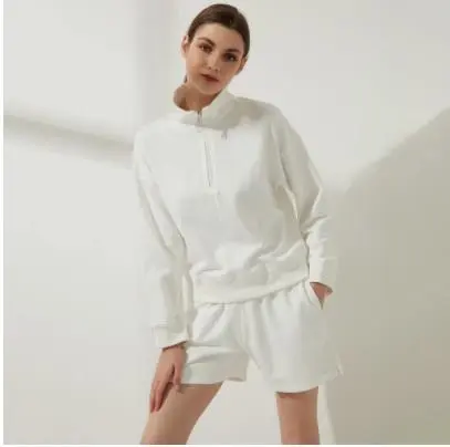 Women's Zip-Up Cotton Sweatshirt Elastic Waist Casual Shorts Set