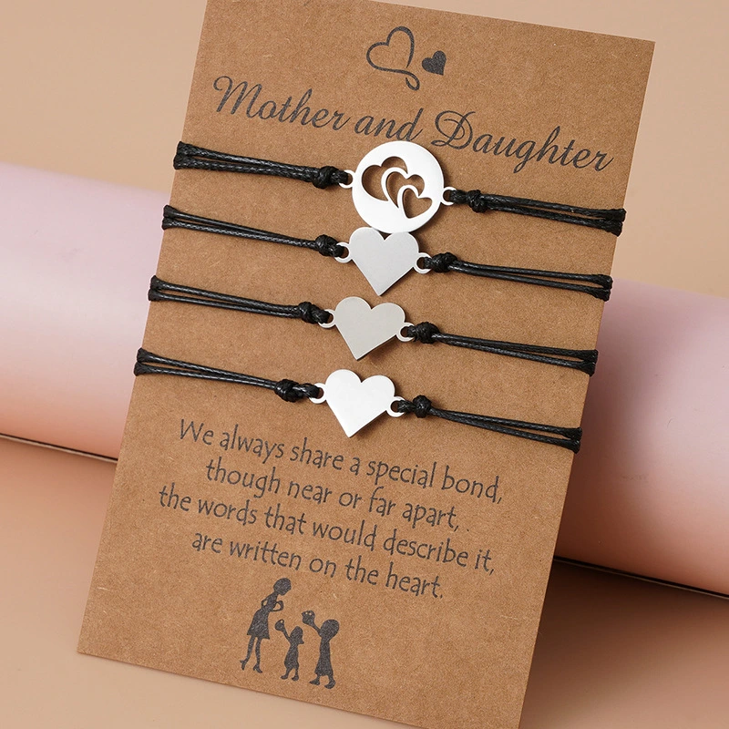 Mother's Day Stainless Steel Hollow Love Parent-Child Card Braided Bracelet