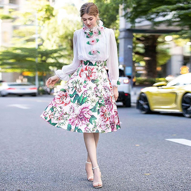 Flower Appliques White Blouse With Print Skirt Two Pieces Sets