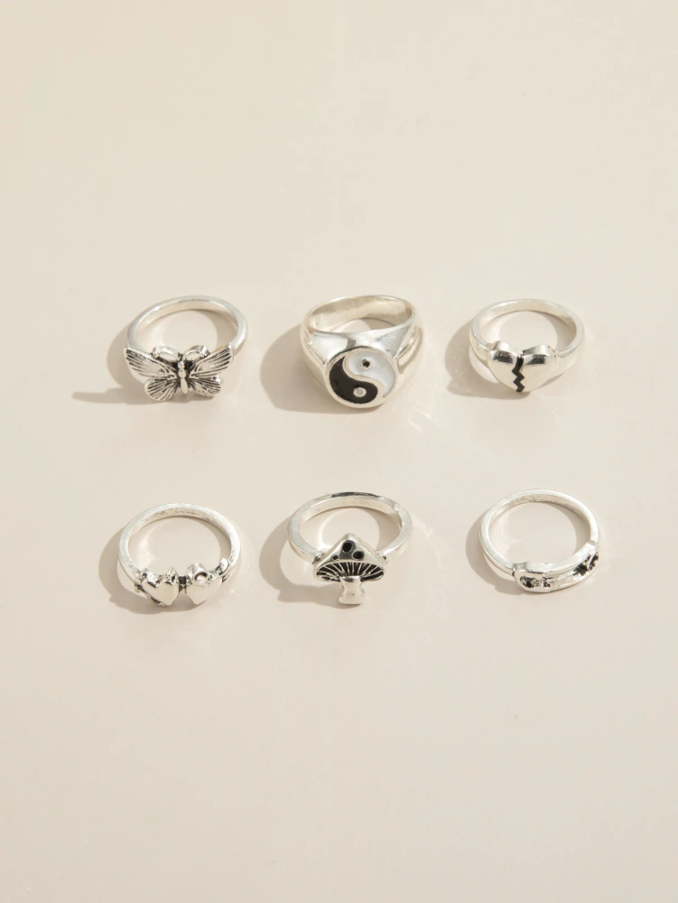 Butterfly Mushroom Yin Yang Bagua Trend Ring Set Of Six