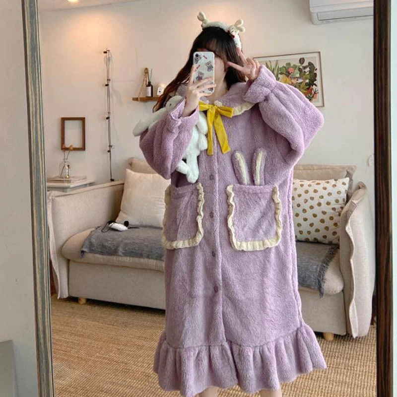 Sweet And Cute Loose Lotus Leaf Collar Rabbit Ears Homewear Pajamas Dress