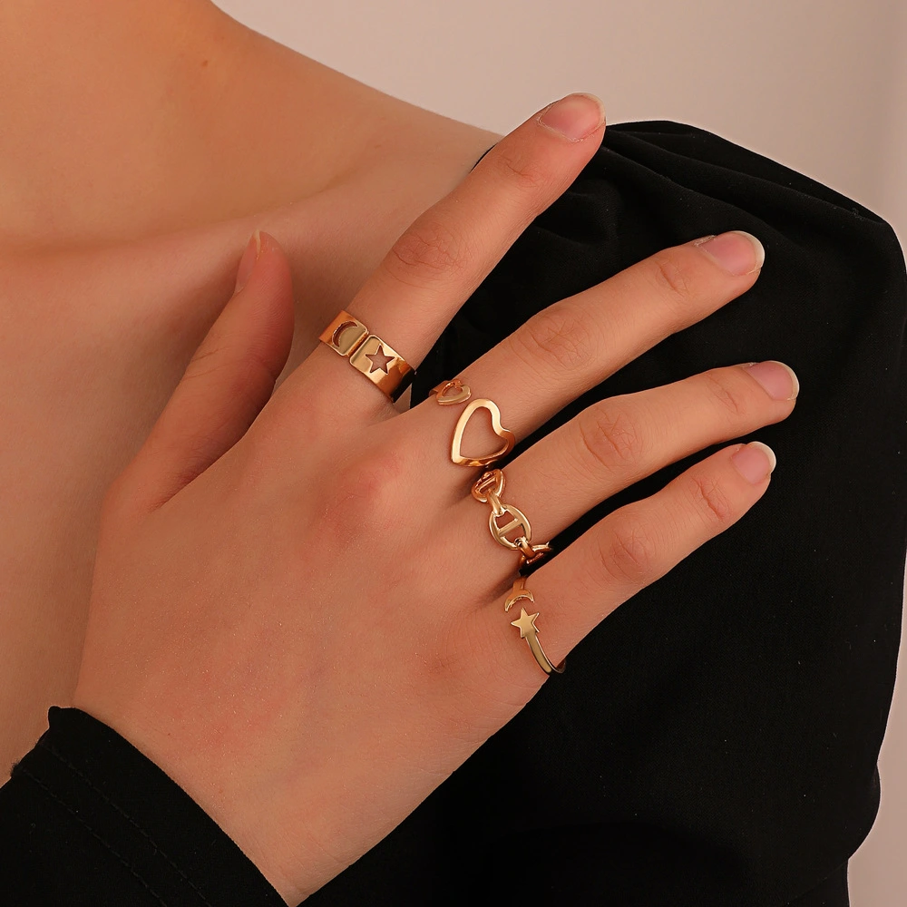 Openwork Love Geometric Ring Set Combination Fashion