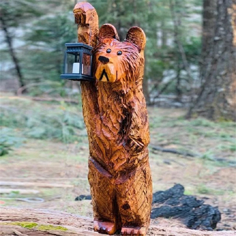 Cedar Carving Bear Resin Ornament Holding Lamp