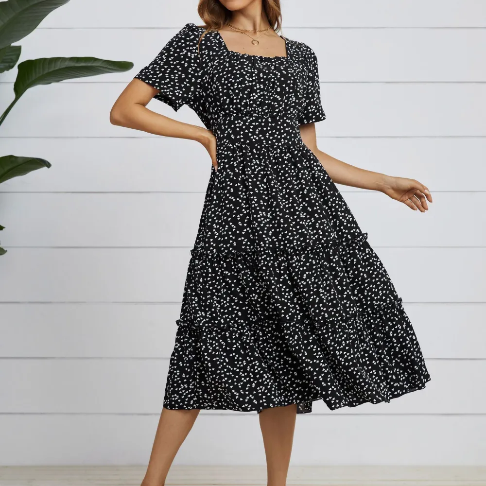 Square Neck Puff Sleeve Floral Dress Long