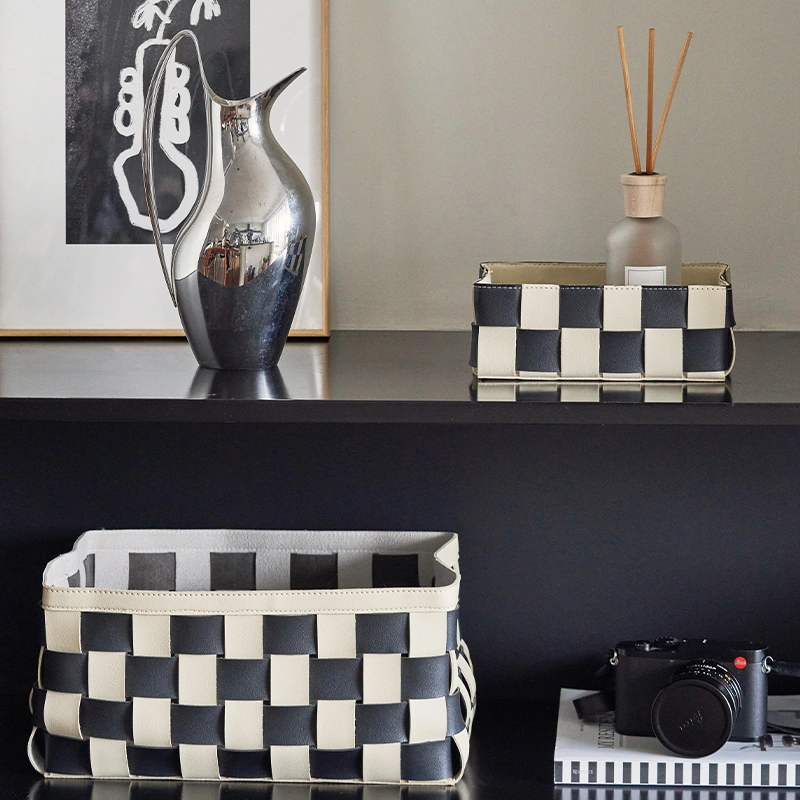 Black And White Hand Woven Storage Basket PU