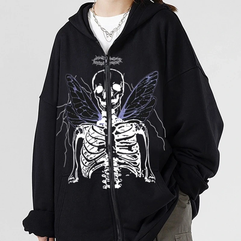 Street Hip Hop Angel Butterfly Print Black Zip Hoodie