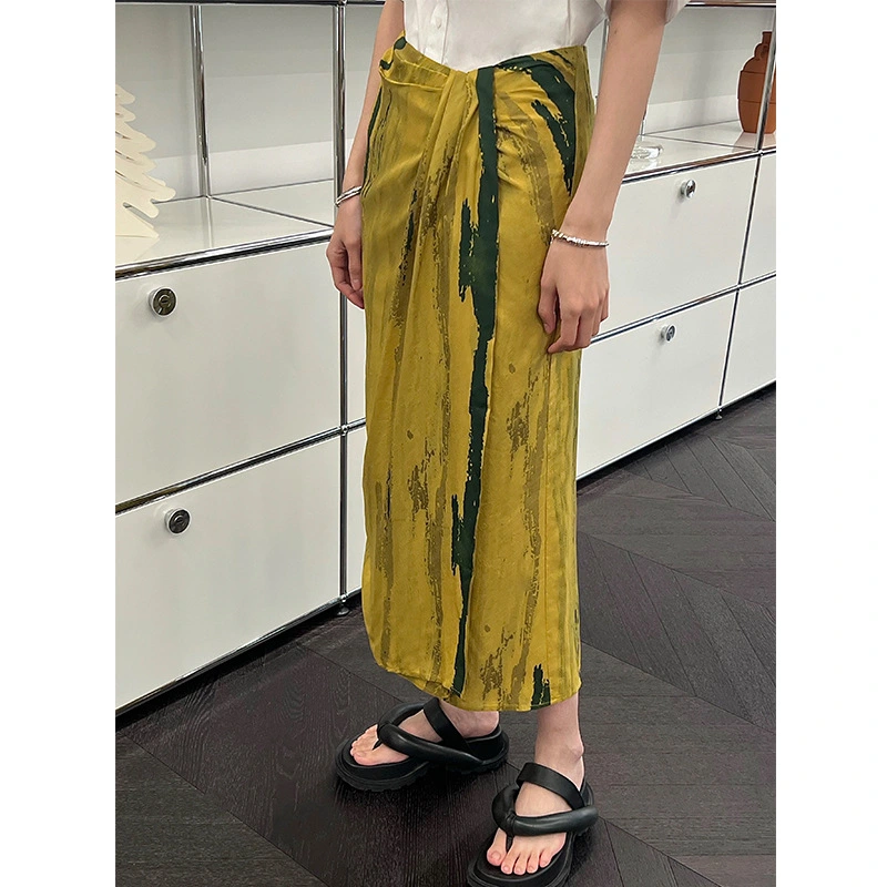 New Temperament Retro Design Oil Painting Print Slit Skirt