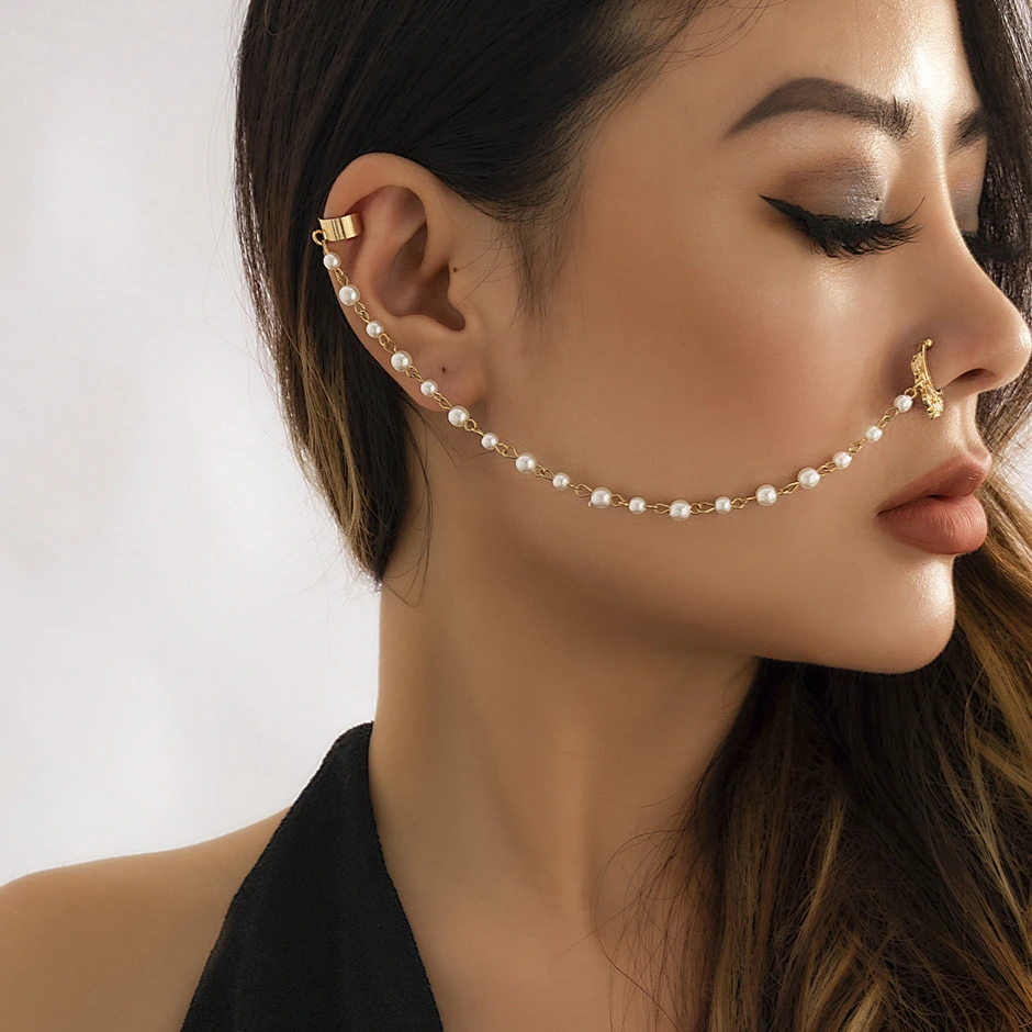 Pearl Butterfly Tassel Chain Ear Stud Nose Clip