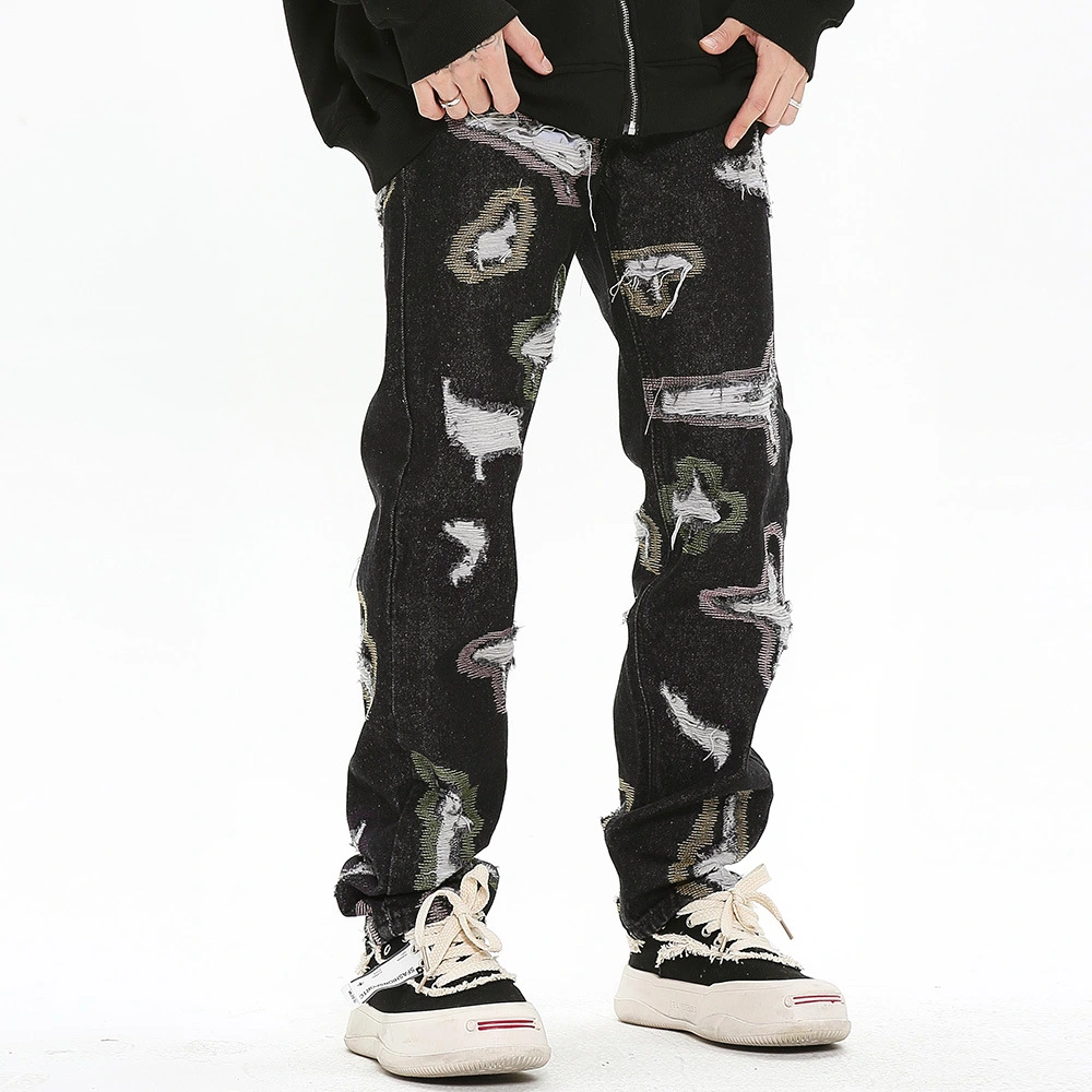 Color Contrast Ripped Embroidered Jeans American Style