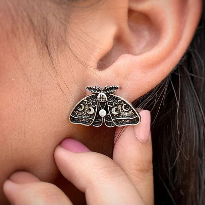 Retro Mysterious Moth Moon Phase Stud Earrings Personality