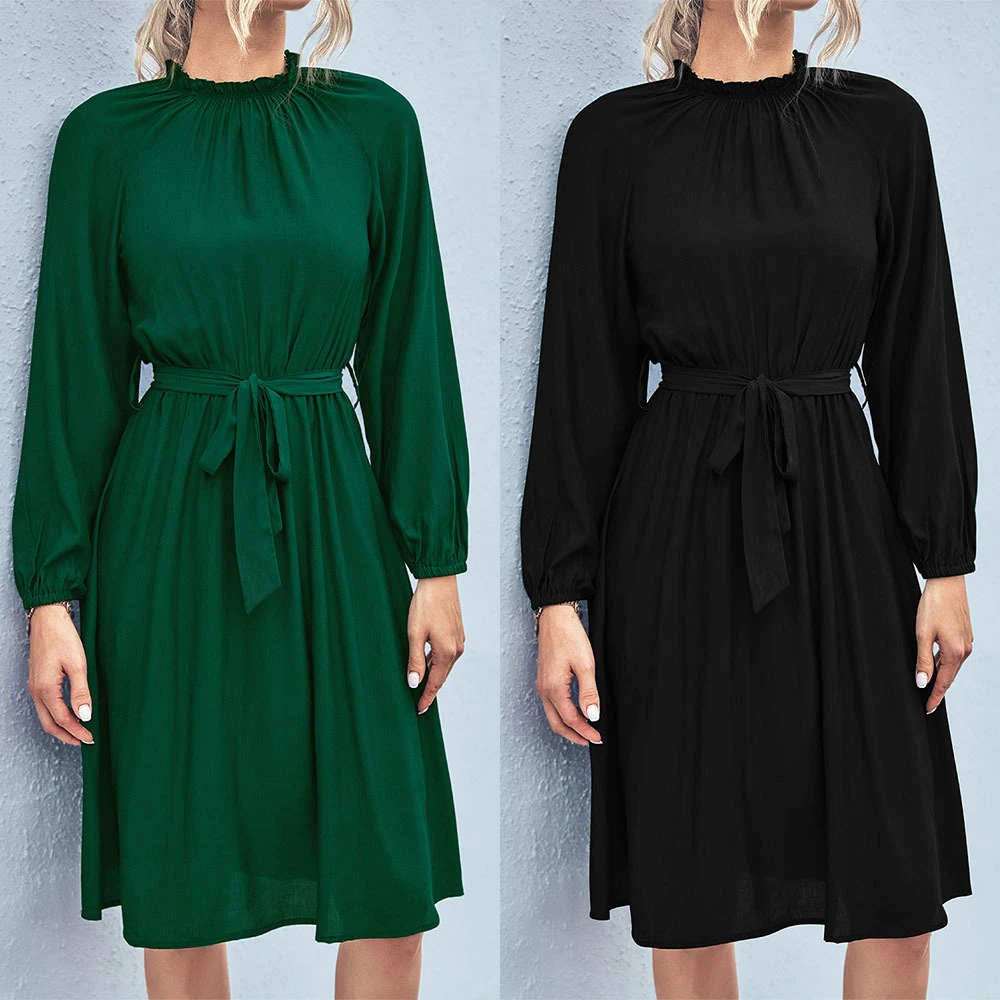 New European And American Women's Solid Raglan Sleeves Lace Up Dress