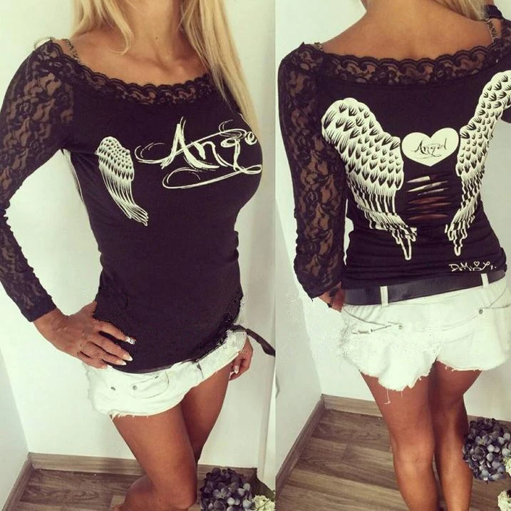 Angel Wings Heart-shaped Printed Lace Burning Flower All-match T-shirt B434