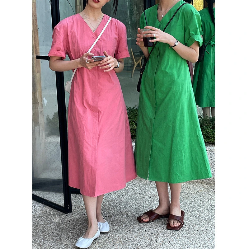 V-neck Shirt Dress Women's High Waist Belted Casual Temperament Long Skirt Women