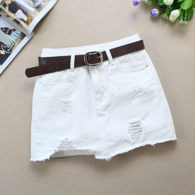 New Ripped White Denim Skirt Women's Spring And Summer