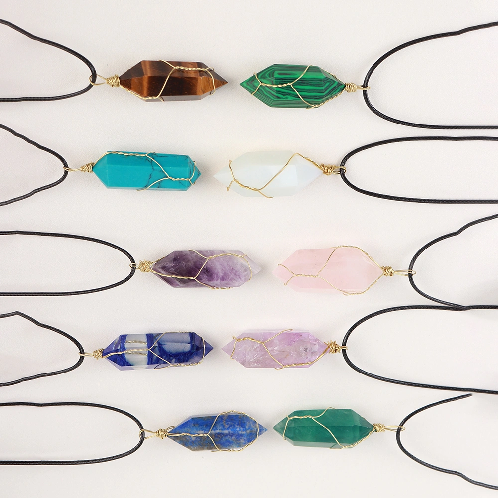 Natural Crystal Double Point Hexagonal Pillar Necklace With Leather Cord