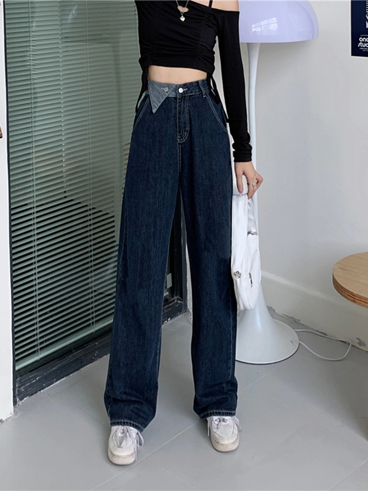 Ladies Ripped High Waist Straight Loose Wide Leg Pants