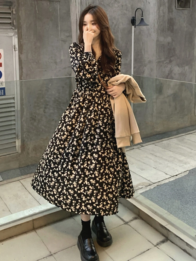 Women's French Vintage Long Sleeve Floral Dress