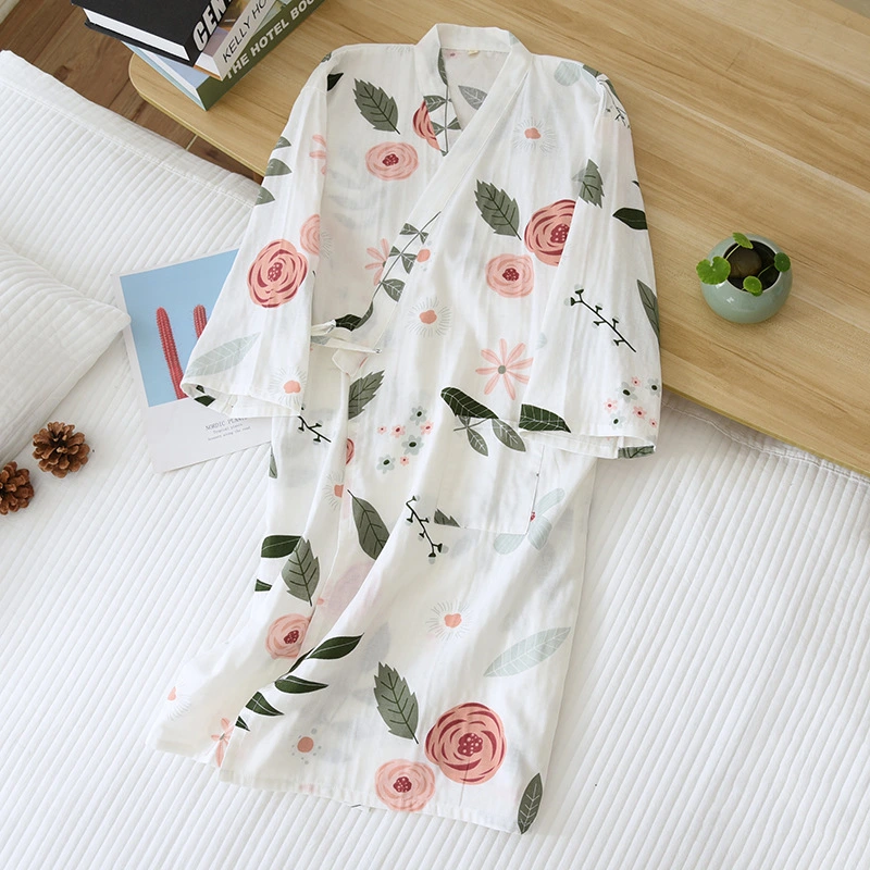 Cotton Gauze Japanese Kimono Bathrobe Nightdress Ladies