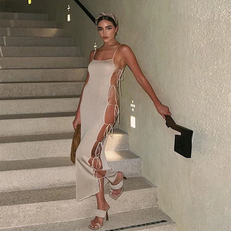 Summer Side Cutout Tie Midi Skirt Suspenders
