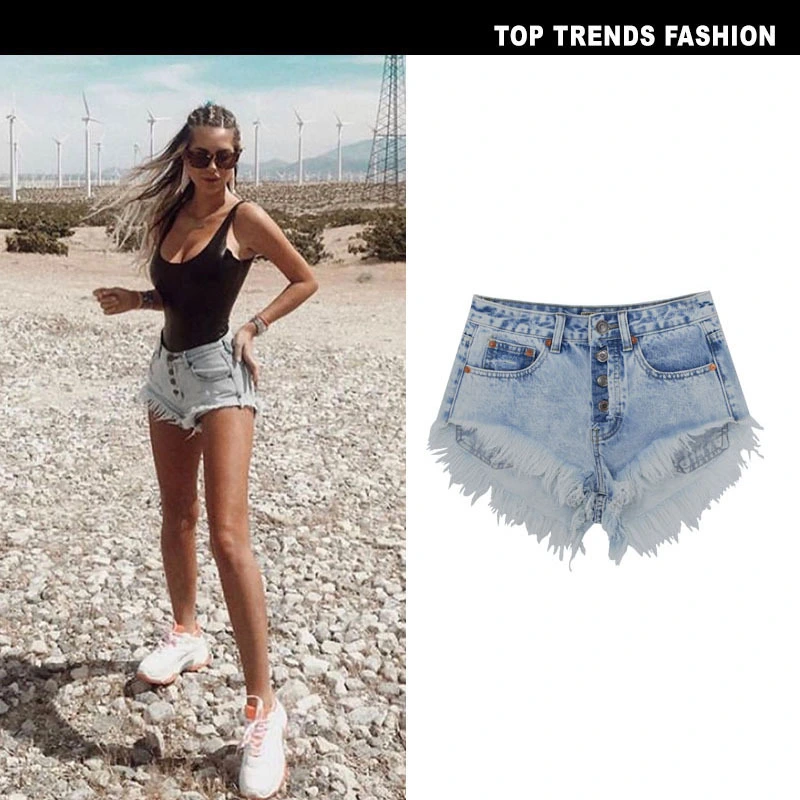 High Waist Breasted Worn Washed Snowflake Ladies Denim Shorts Beach Hot Pants