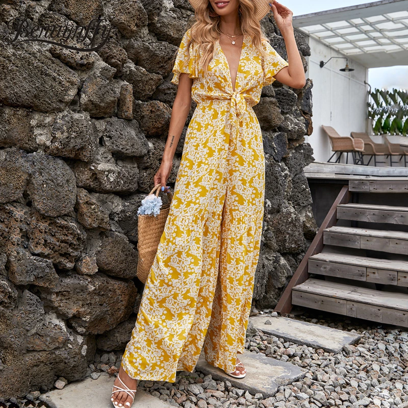 Casual Lace-up Printed Loose Wide-leg Jumpsuit