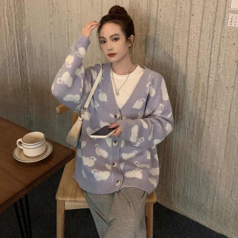 Soft Milk Blue Sweater Cardigan Coat Female Autumn Winter