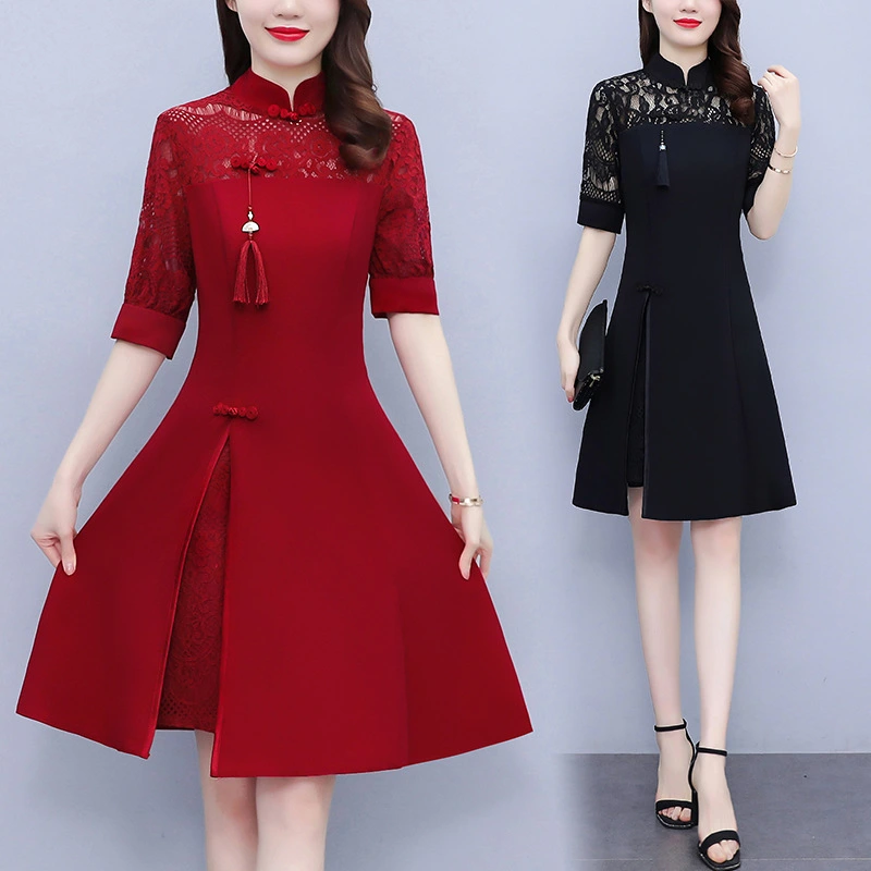 Western Style Retro Slim Slim Fashion Lace Stitching Dress