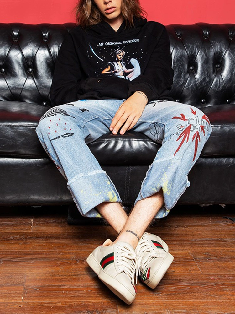 Graffiti-embroidered Frayed Wash Jeans