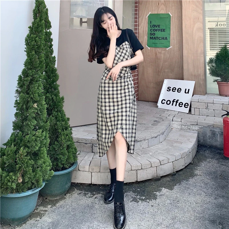 Splicing Plaid Short Sleeve Dress Female Summer