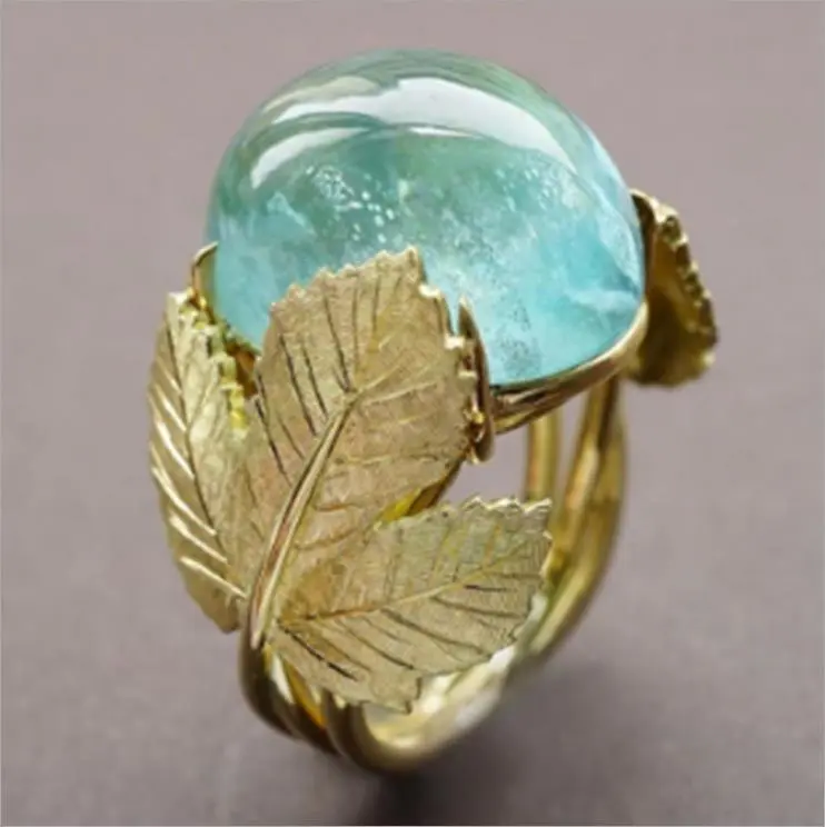 Gold Leaf Silver Blue Amber Women's Ring