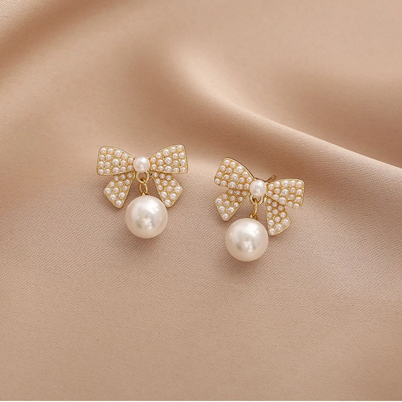 Silver Needle Temperament Pearl Bow Stud Female South Korea