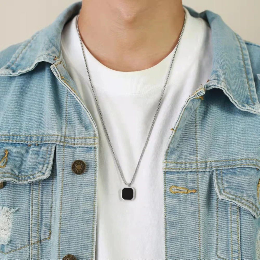 Stainless Steel Epoxy Black Square Pendant Men's Sweatshirt Stacking Necklace