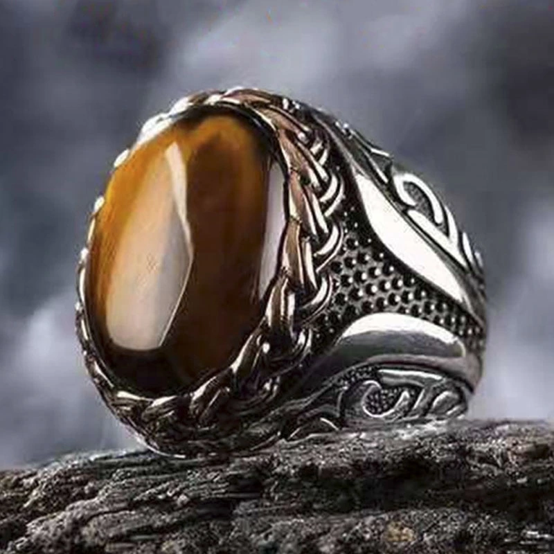 Men's Yellow Tiger Stone Braided Stripe Ring