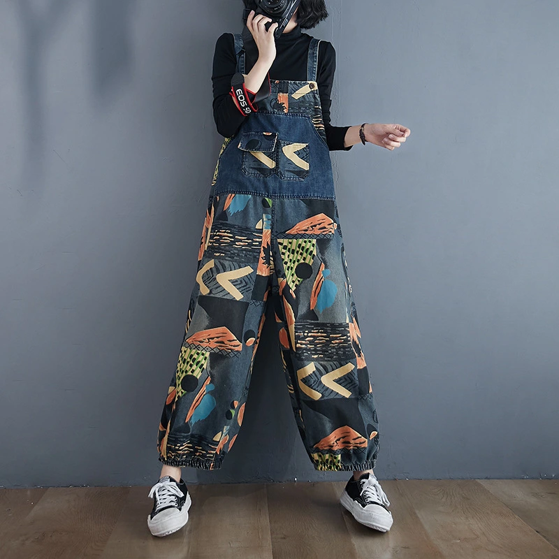 Autumn Literary Large Size Printed Jeans With Overalls